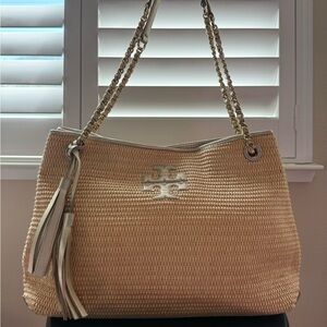 Tory Burch Thea Woven Straw Metallic Leather Tote